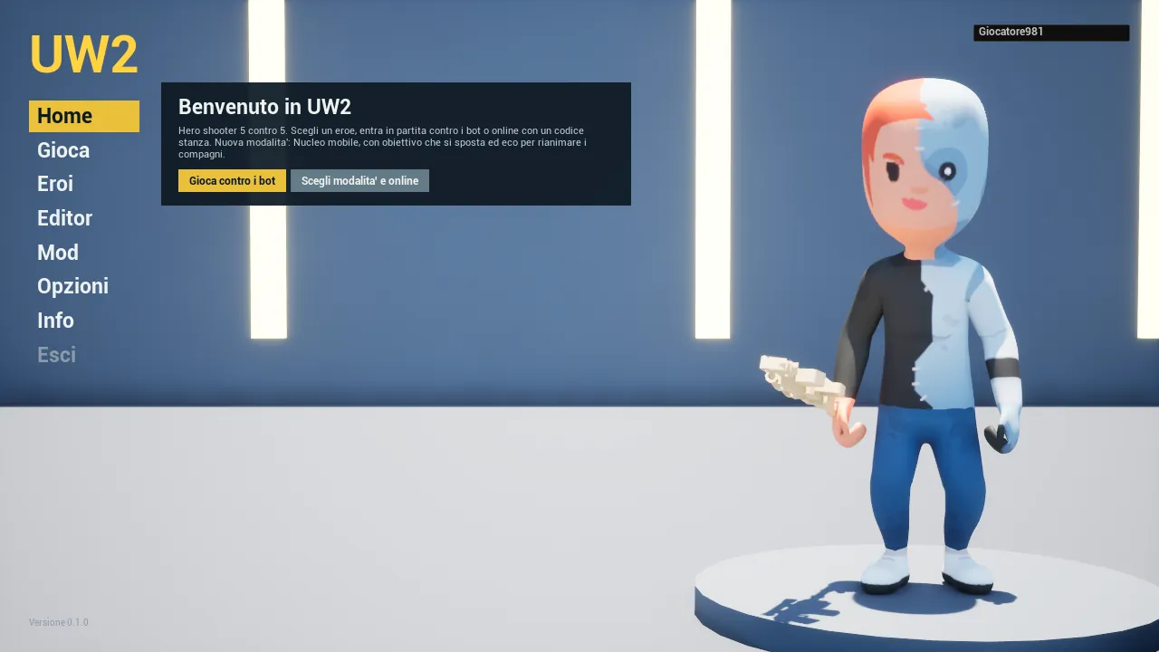 Il menu principale di UW2: a sinistra le voci Home, Gioca, Eroi, Editor, Mod, Opzioni, Info; a destra l'eroe preferito su una pedana.