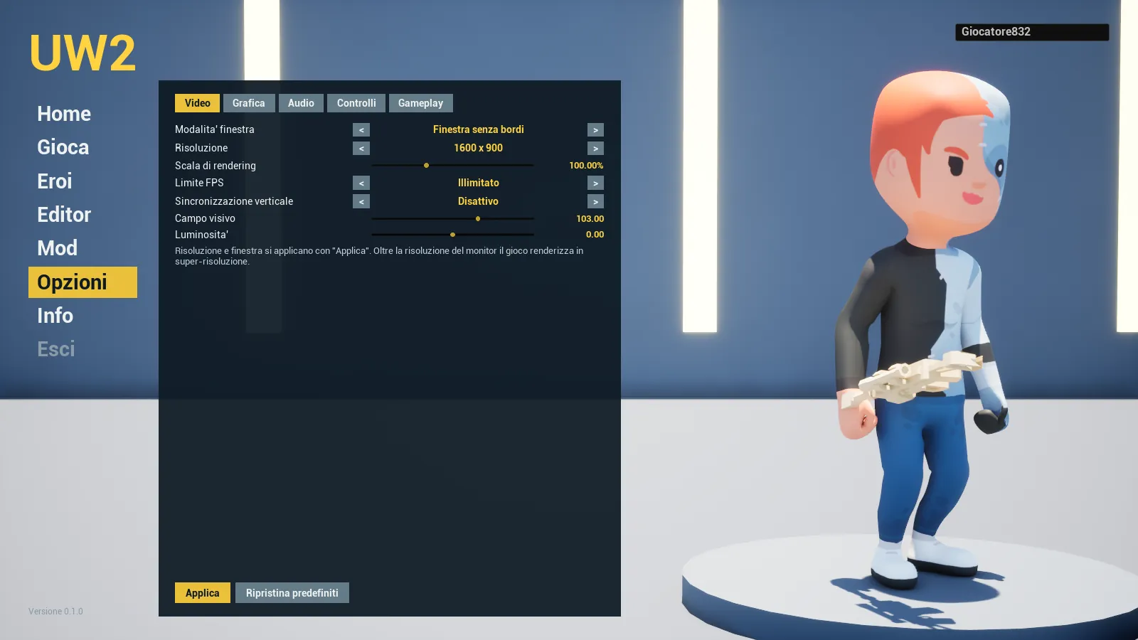 La scheda Video del menu Opzioni: modalità finestra, risoluzione, scala di rendering, limite FPS, sincronizzazione verticale, campo visivo e luminosità.